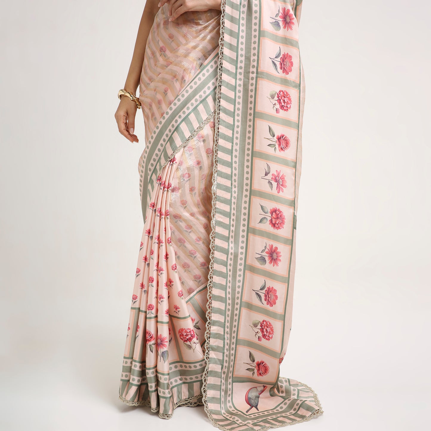 ‘Bloom Edit’ Blush Pink & Sage Green Silk Banarasi Tissue Painterly Saree