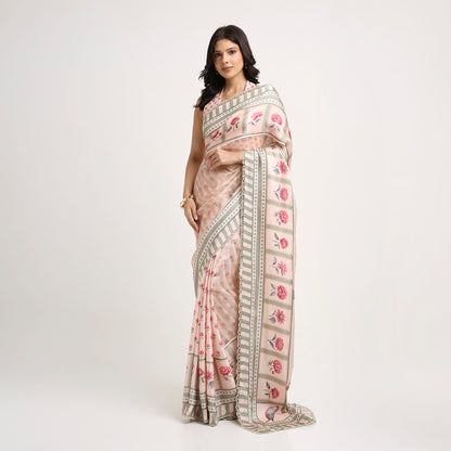 ‘Bloom Edit’ Blush Pink & Sage Green Silk Banarasi Tissue Painterly Saree