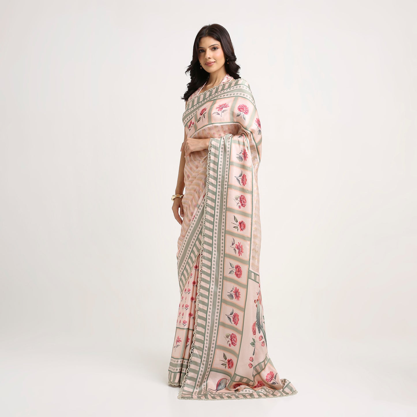 ‘Bloom Edit’ Blush Pink & Sage Green Silk Banarasi Tissue Painterly Saree