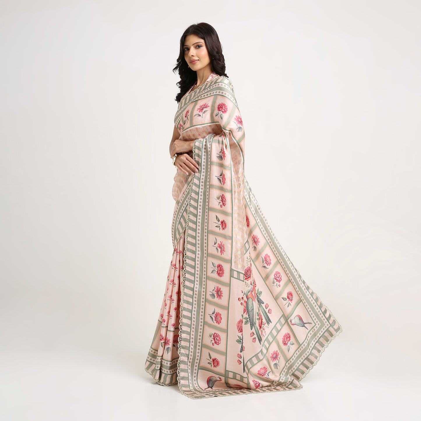 ‘Bloom Edit’ Blush Pink & Sage Green Silk Banarasi Tissue Painterly Saree