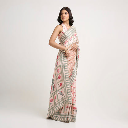 ‘Bloom Edit’ Blush Pink & Sage Green Silk Banarasi Tissue Painterly Saree