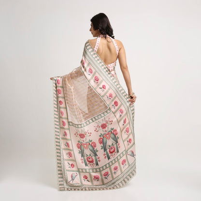 ‘Bloom Edit’ Blush Pink & Sage Green Silk Banarasi Tissue Painterly Saree