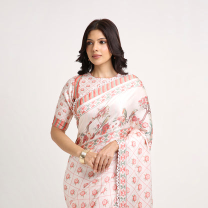 ‘Botanica Privée’ Blush, Peach &  Green Georgette Painterly Saree