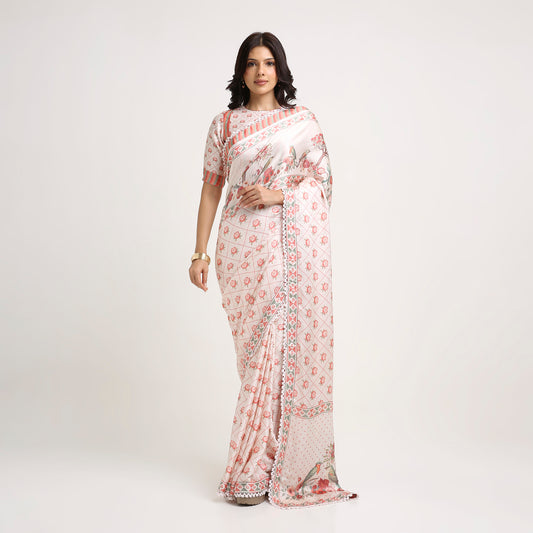 ‘Botanica Privée’ Blush, Peach &  Green Georgette Painterly Saree