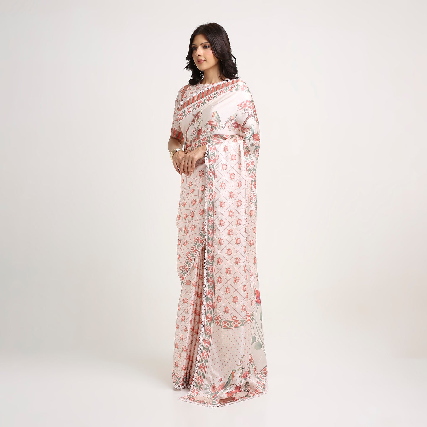 ‘Botanica Privée’ Blush, Peach &  Green Georgette Painterly Saree