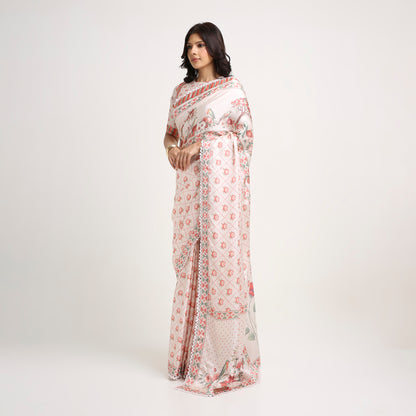 ‘Botanica Privée’ Blush, Peach &  Green Georgette Painterly Saree