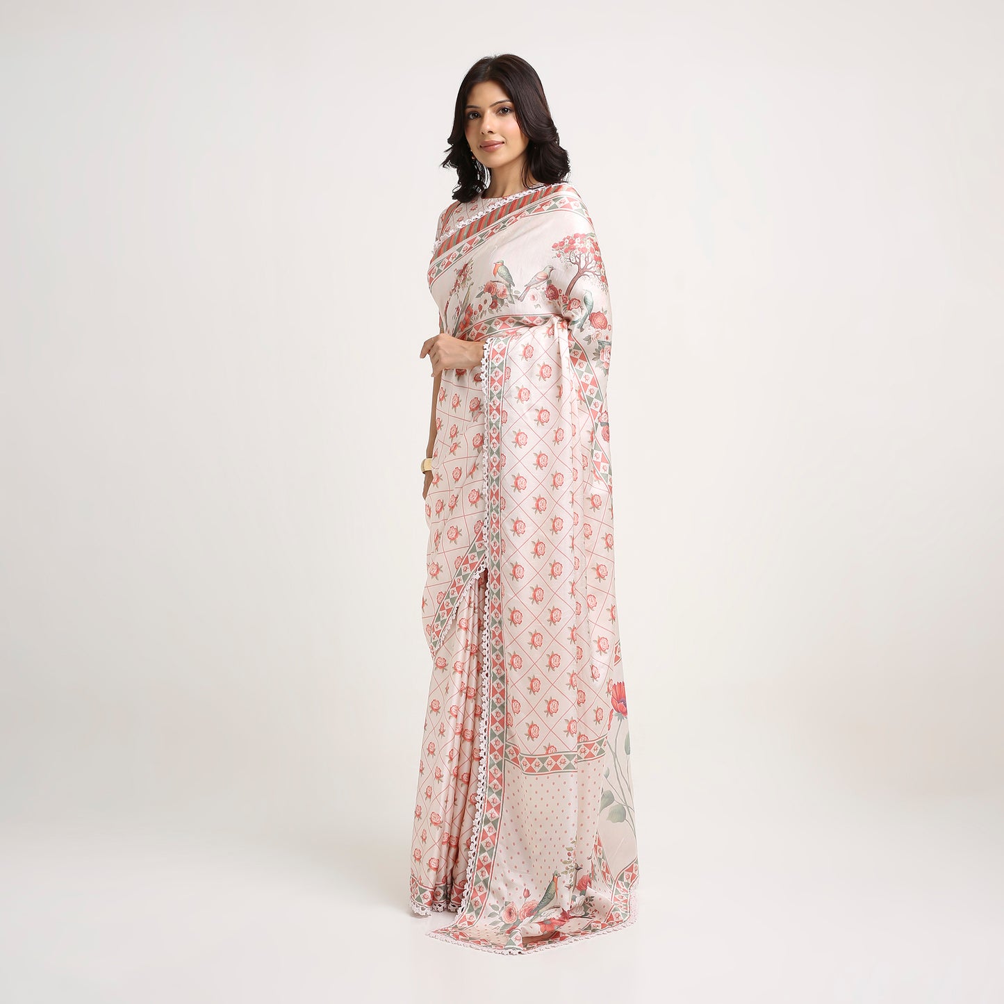 ‘Botanica Privée’ Blush, Peach &  Green Georgette Painterly Saree