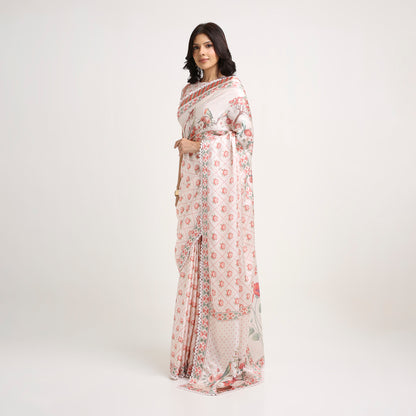 ‘Botanica Privée’ Blush, Peach &  Green Georgette Painterly Saree