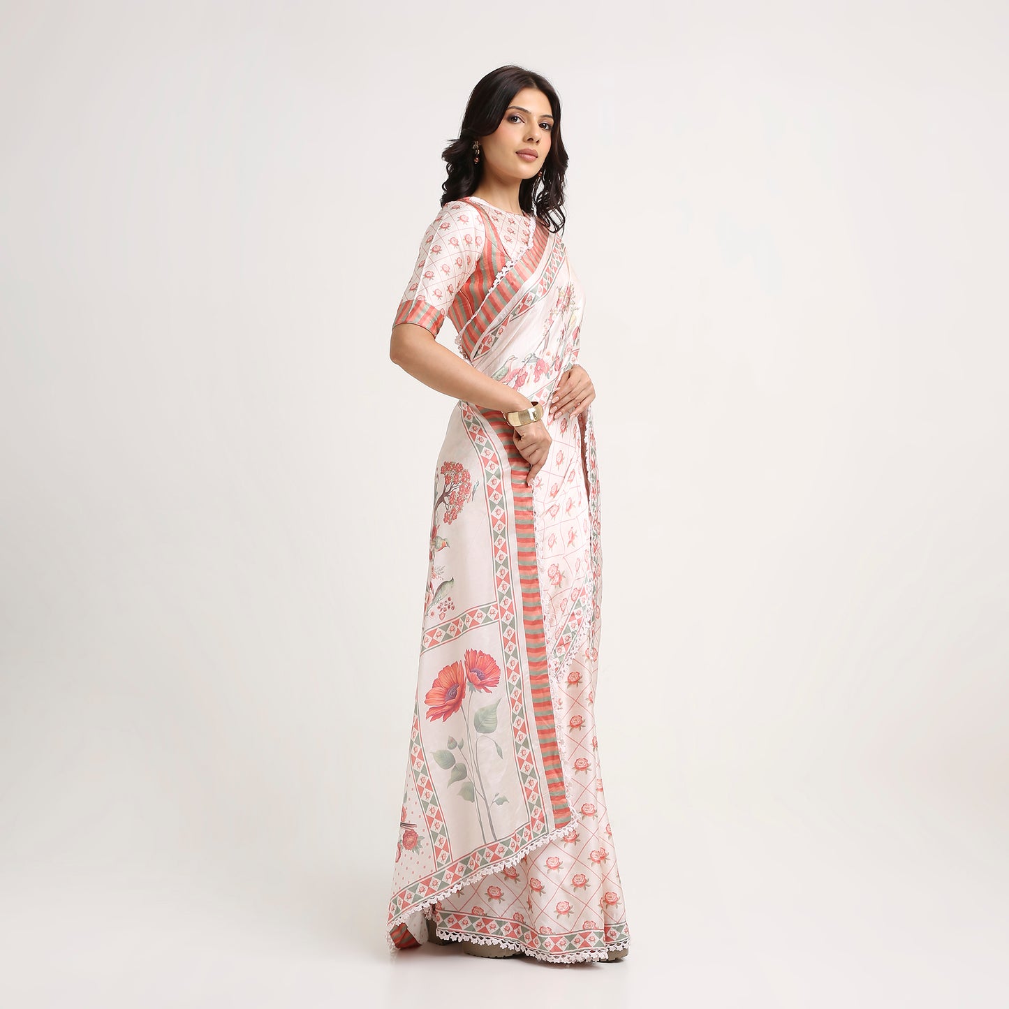 ‘Botanica Privée’ Blush, Peach &  Green Georgette Painterly Saree