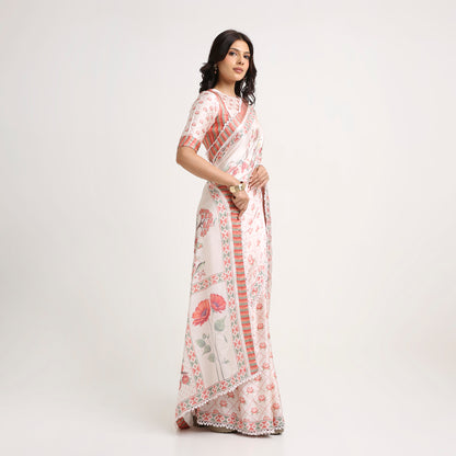 ‘Botanica Privée’ Blush, Peach &  Green Georgette Painterly Saree