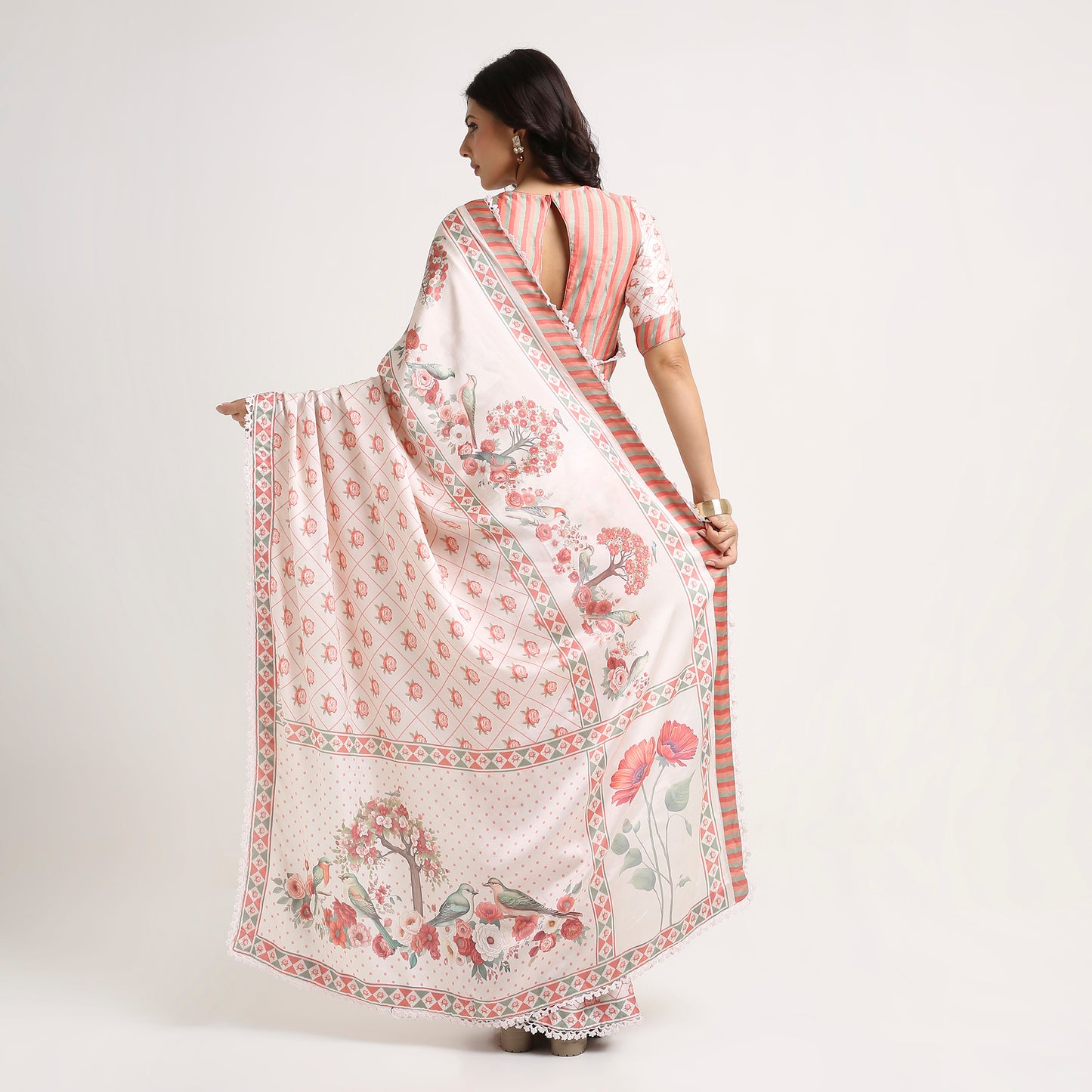‘Botanica Privée’ Blush, Peach &  Green Georgette Painterly Saree