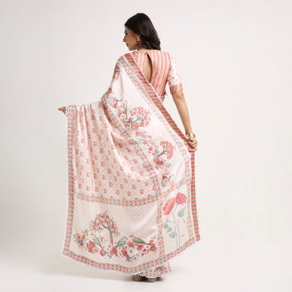 ‘Botanica Privée’ Blush, Peach &  Green Georgette Painterly Saree