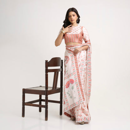 ‘Botanica Privée’ Blush, Peach &  Green Georgette Painterly Saree