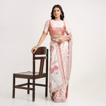 ‘Botanica Privée’ Blush, Peach &  Green Georgette Painterly Saree