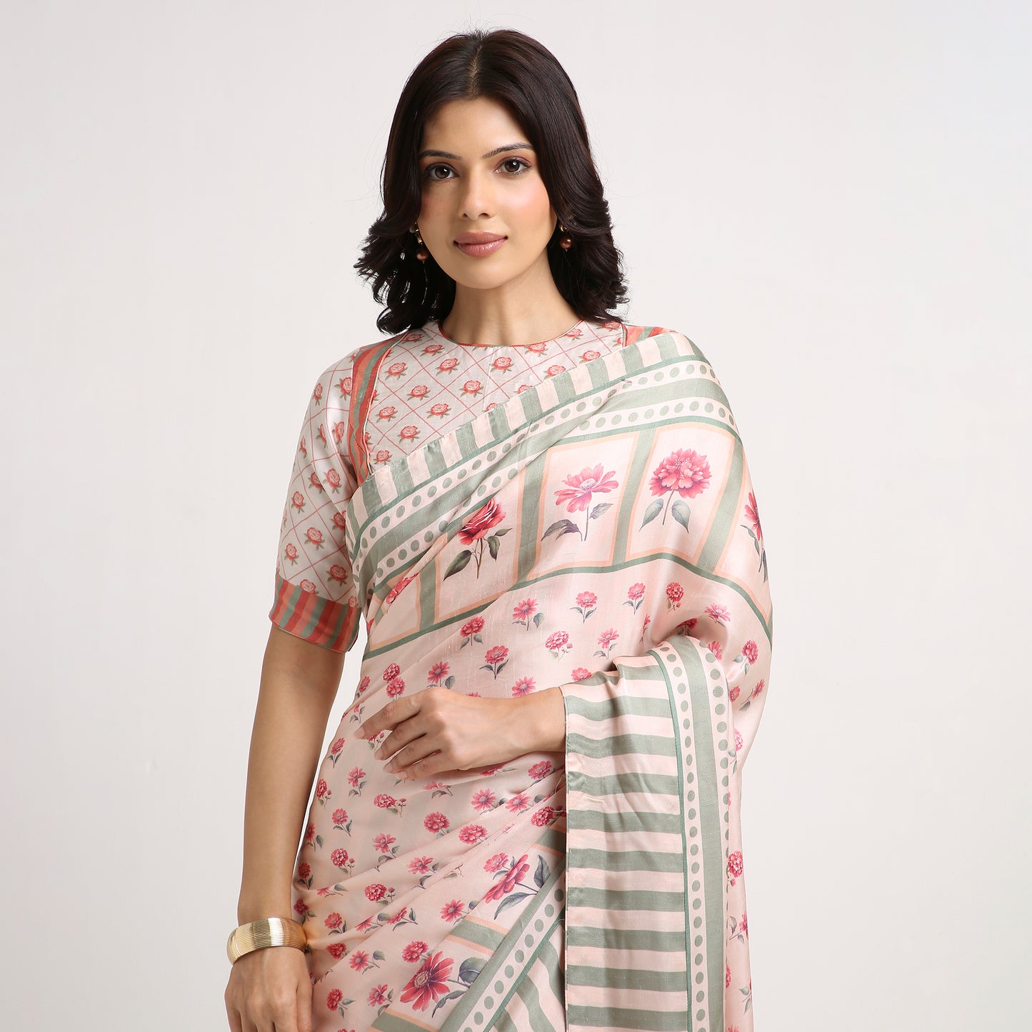 ‘Botanica Privée’ Blush & Sage Green Georgette Painterly Saree