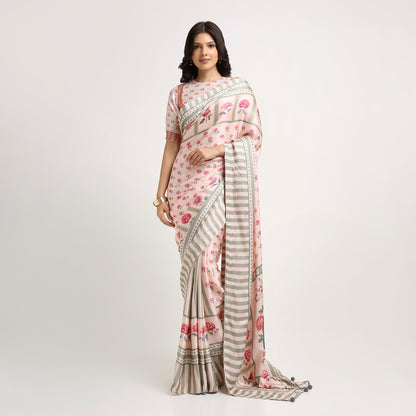 ‘Botanica Privée’ Blush & Sage Green Georgette Painterly Saree