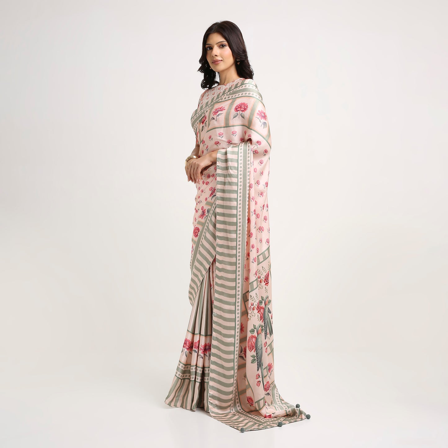 ‘Botanica Privée’ Blush & Sage Green Georgette Painterly Saree