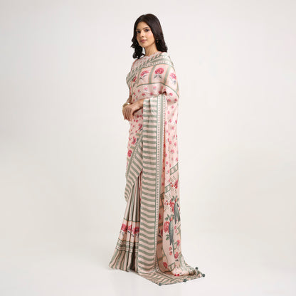 ‘Botanica Privée’ Blush & Sage Green Georgette Painterly Saree