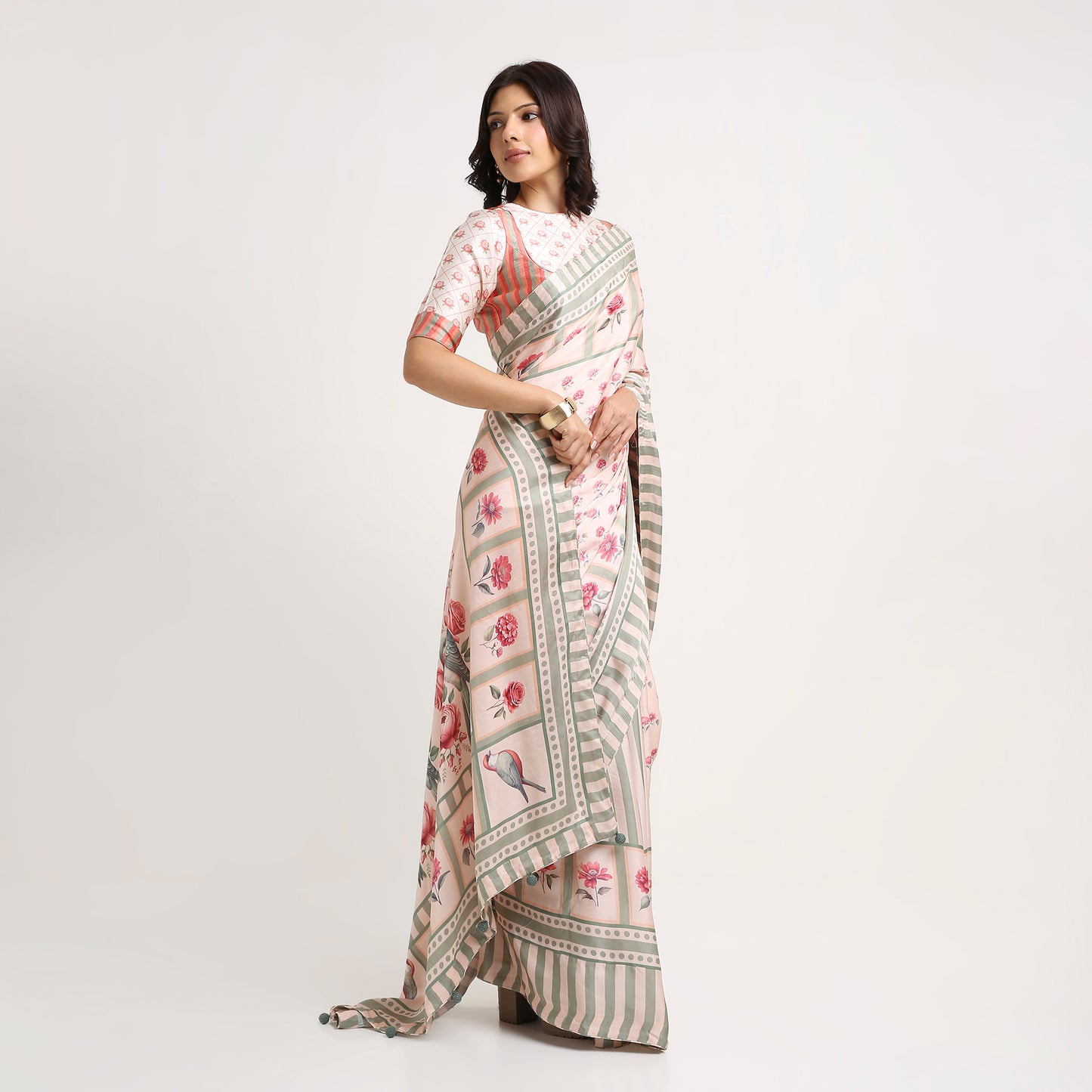 ‘Botanica Privée’ Blush & Sage Green Georgette Painterly Saree
