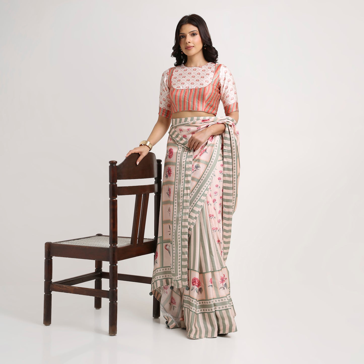 ‘Botanica Privée’ Blush & Sage Green Georgette Painterly Saree
