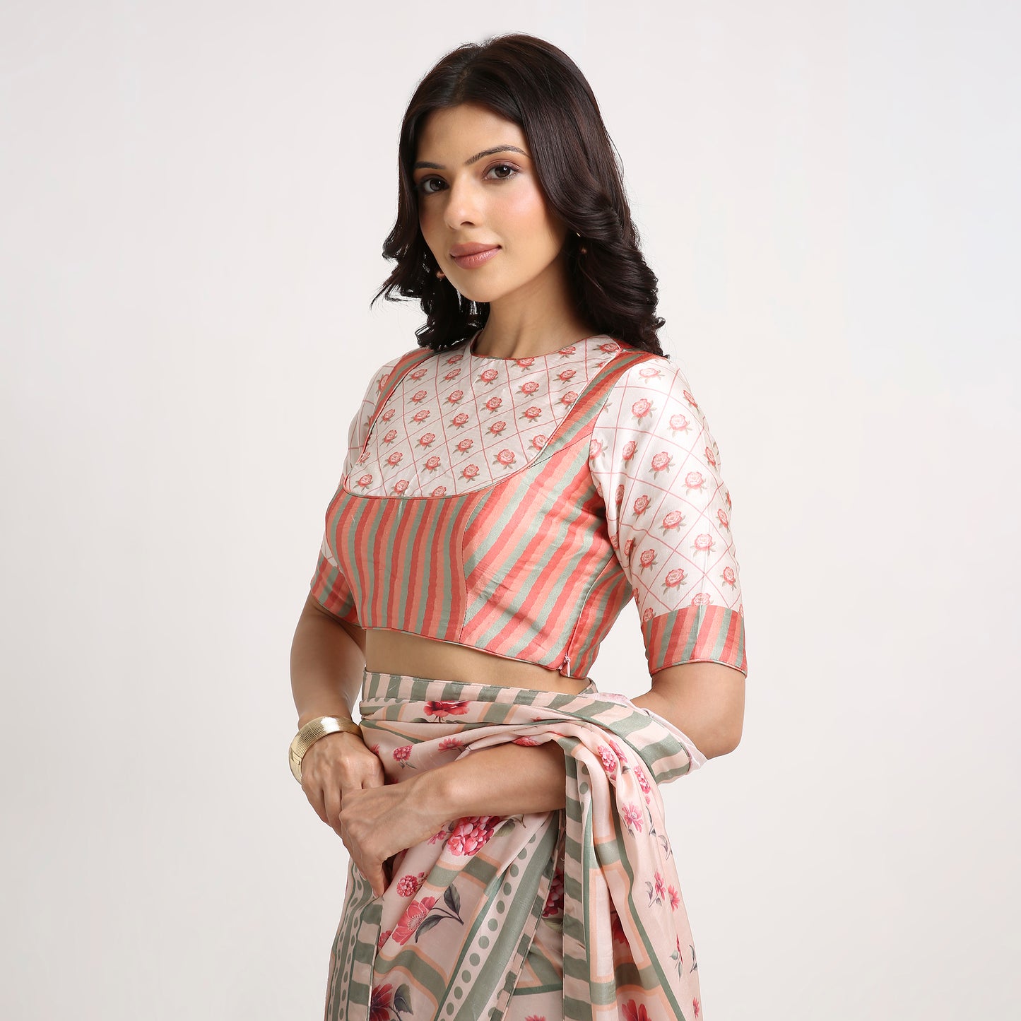 ‘Botanica Privée’ Blush & Sage Green Georgette Painterly Saree