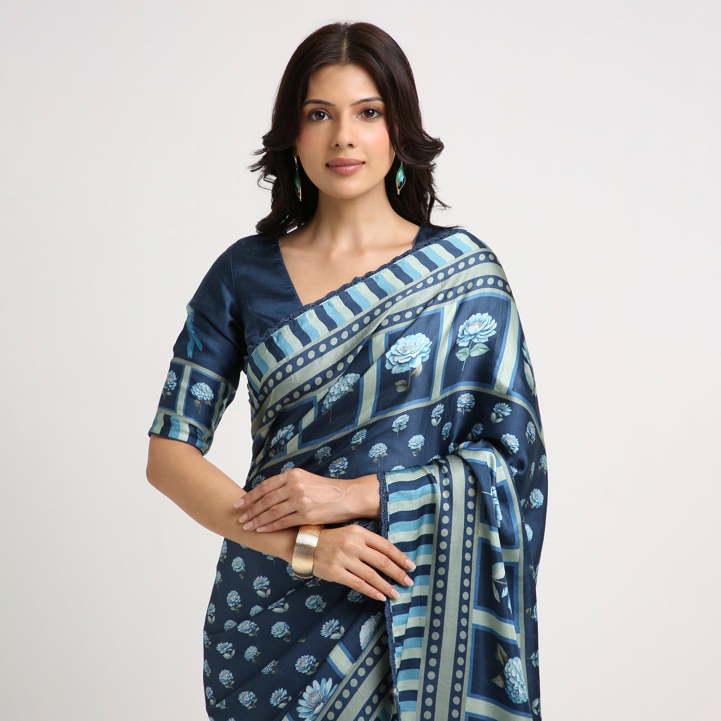 ‘Botanica Privée’ Navy & Powder Blue Georgette Painterly Saree