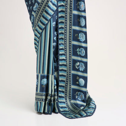 ‘Botanica Privée’ Navy & Powder Blue Georgette Painterly Saree