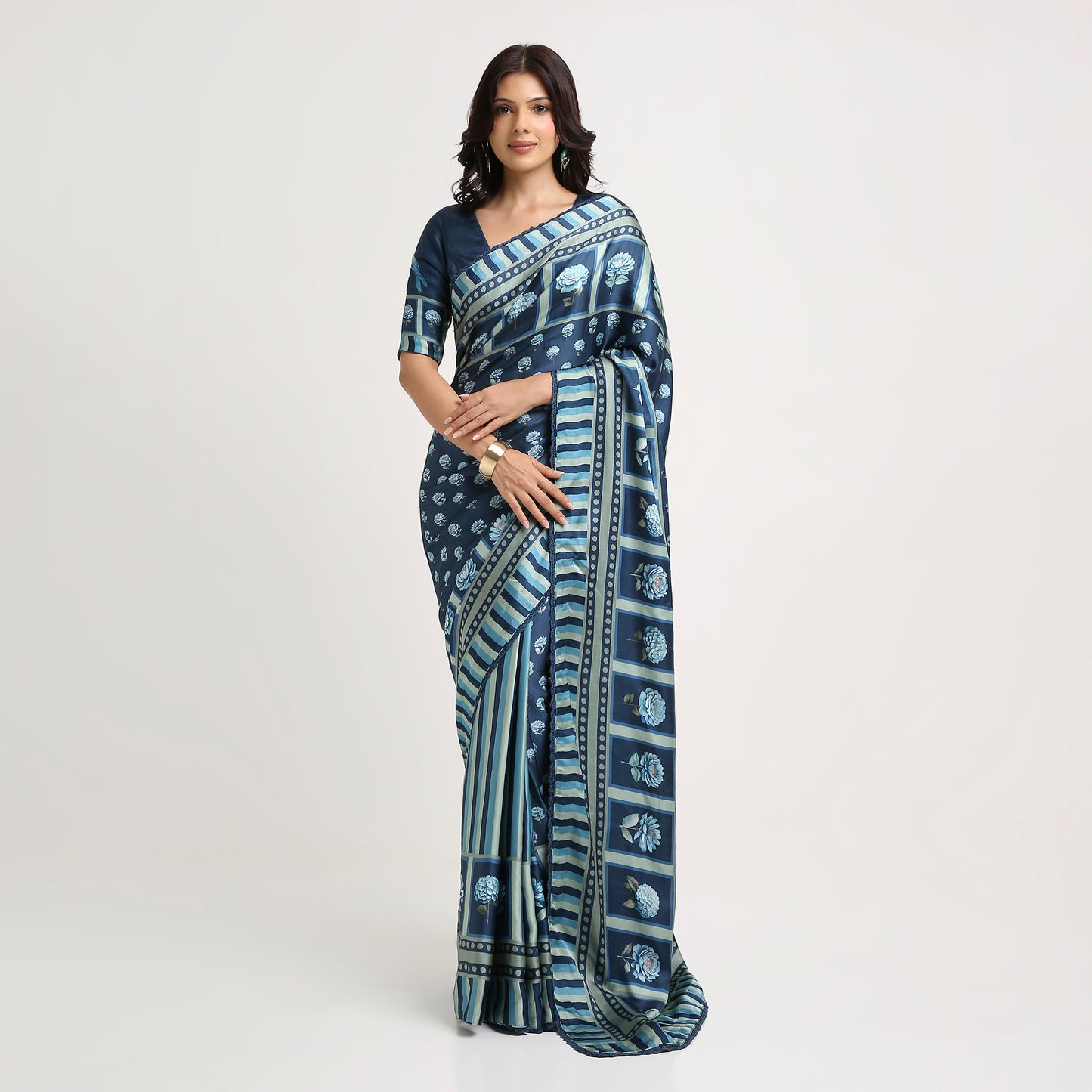 ‘Botanica Privée’ Navy & Powder Blue Georgette Painterly Saree
