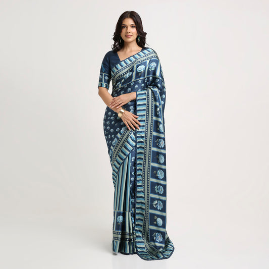 ‘Botanica Privée’ Navy & Powder Blue Georgette Painterly Saree