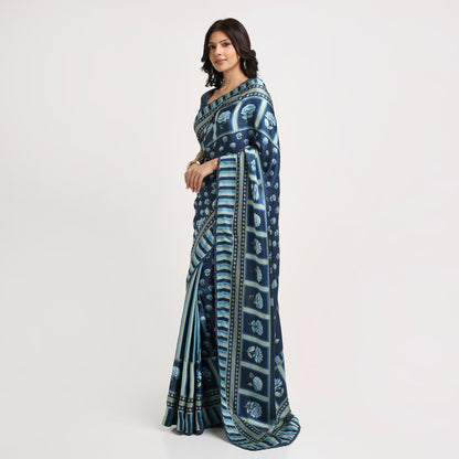 ‘Botanica Privée’ Navy & Powder Blue Georgette Painterly Saree
