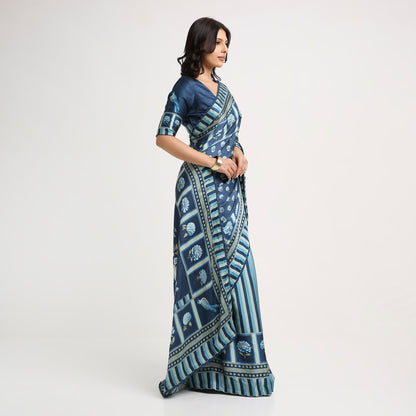 ‘Botanica Privée’ Navy & Powder Blue Georgette Painterly Saree