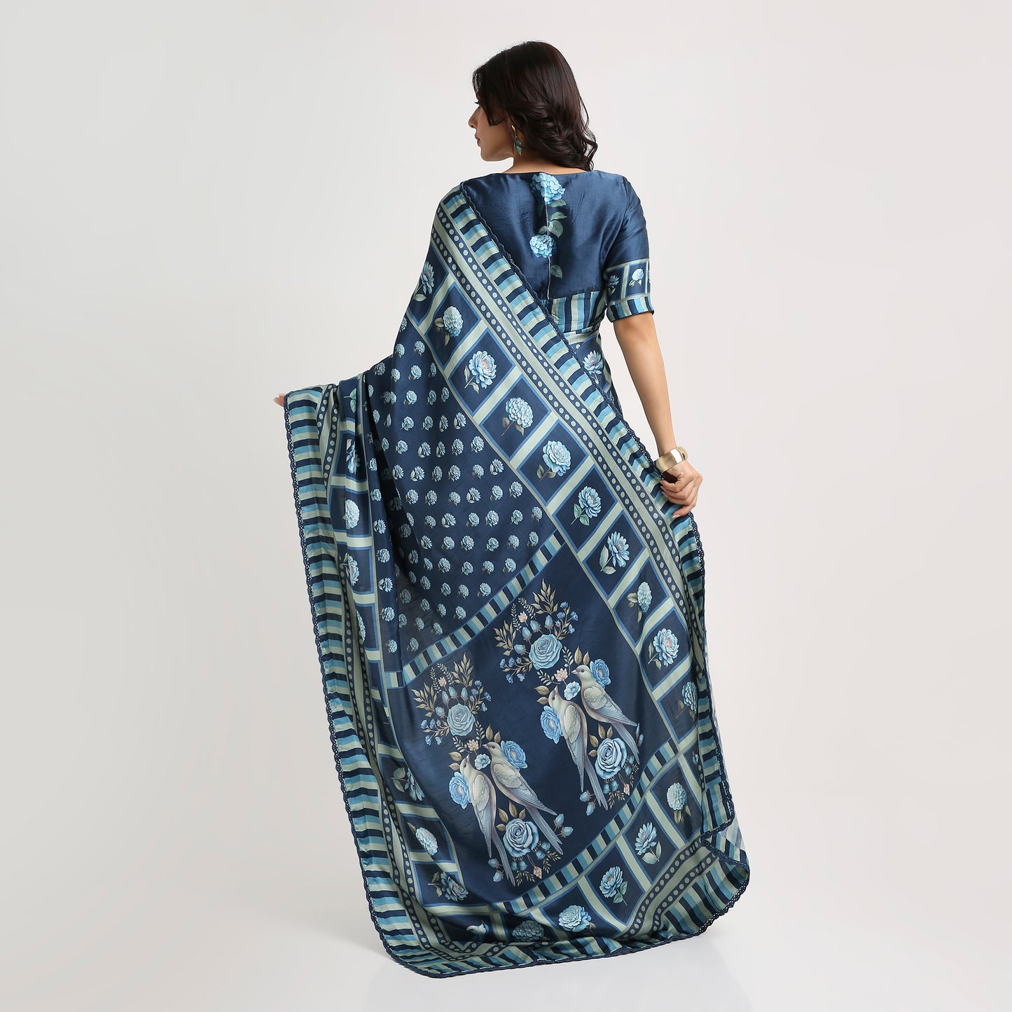 ‘Botanica Privée’ Navy & Powder Blue Georgette Painterly Saree