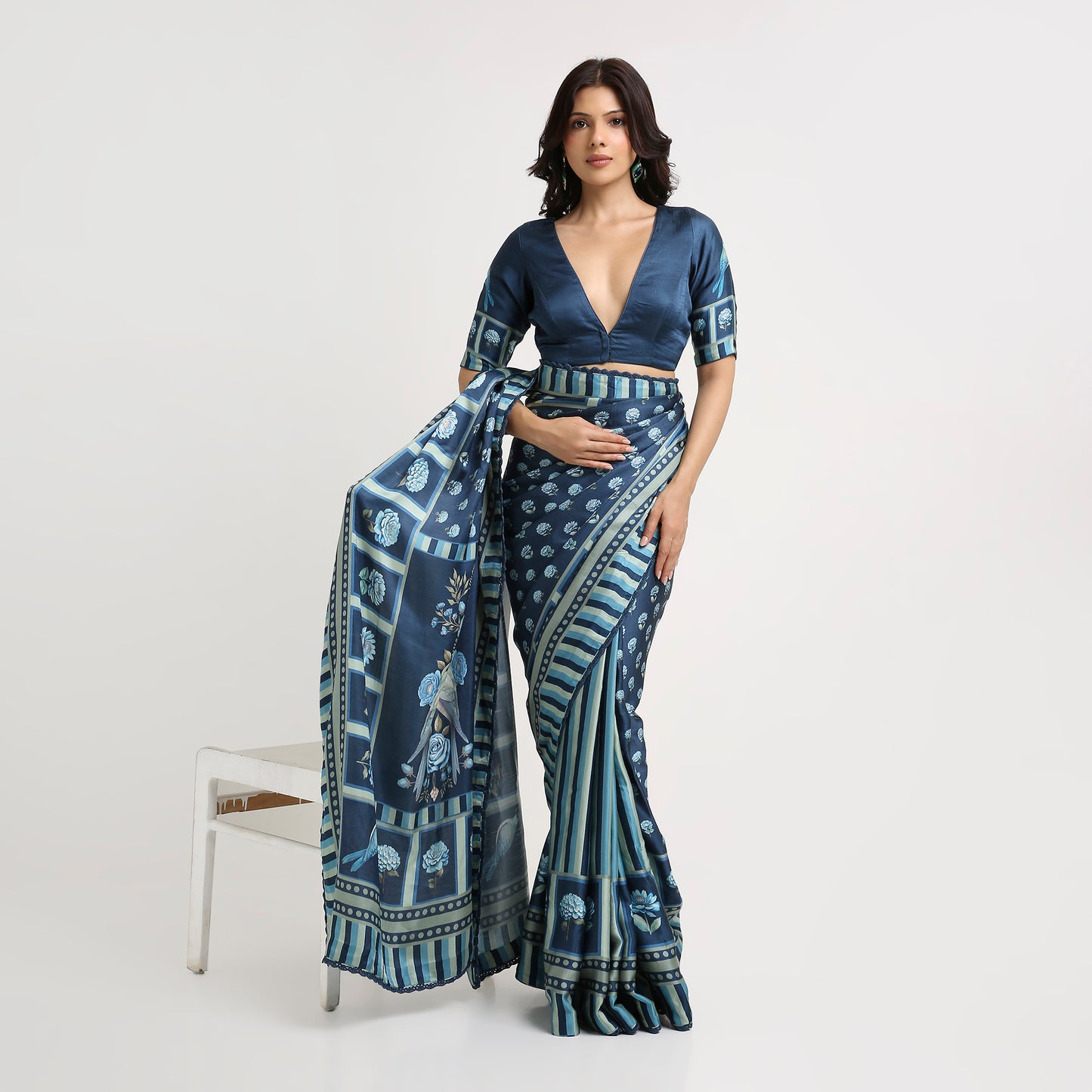 ‘Botanica Privée’ Navy & Powder Blue Georgette Painterly Saree