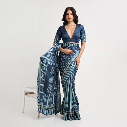 ‘Botanica Privée’ Navy & Powder Blue Georgette Painterly Saree