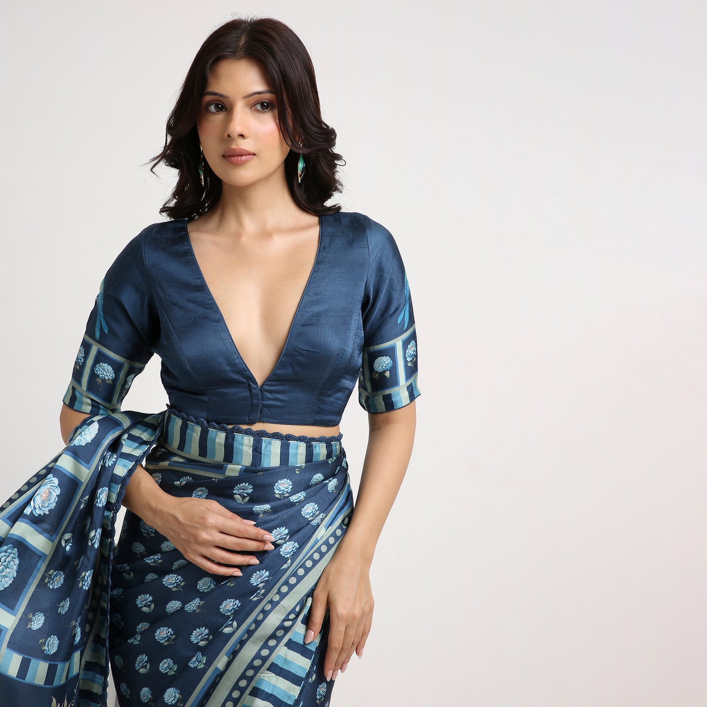 ‘Botanica Privée’ Navy & Powder Blue Georgette Painterly Saree