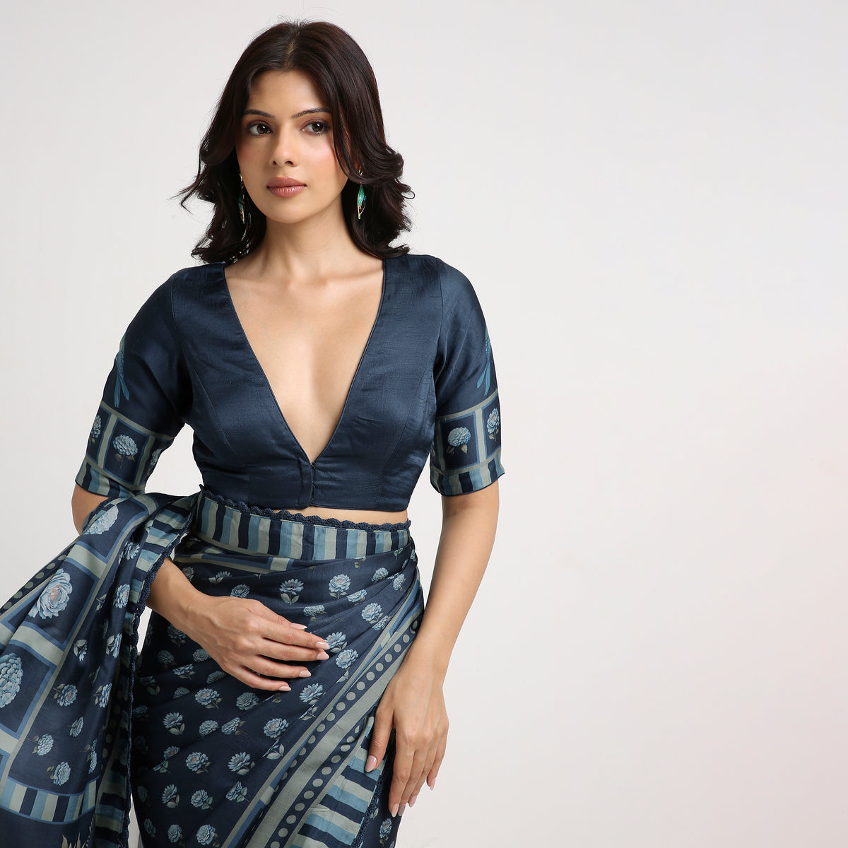 ‘Botanica Privée’ Navy & Powder Blue Georgette Painterly Saree with 2 Blouse options