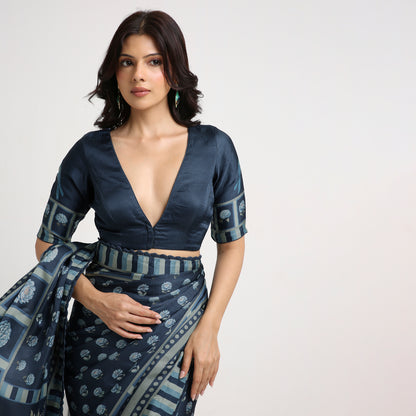 ‘Botanica Privée’ Navy & Powder Blue Georgette Painterly Saree with 2 Blouse options