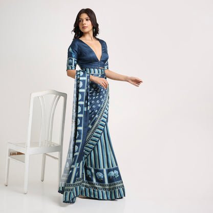 ‘Botanica Privée’ Navy & Powder Blue Georgette Painterly Saree