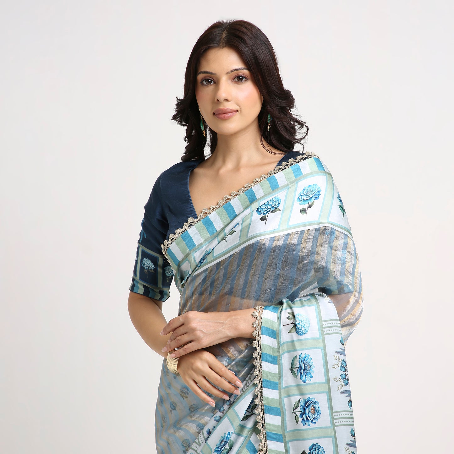 ‘Bloom Edit’ Porcelain Blue & Navy Silk Banarasi Tissue Painterly Saree