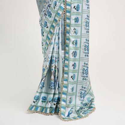 ‘Bloom Edit’ Porcelain Blue & Navy Silk Banarasi Tissue Painterly Saree