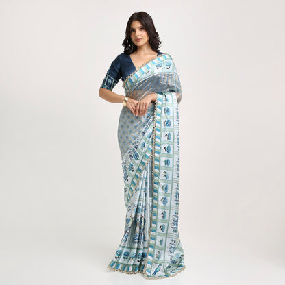 ‘Bloom Edit’ Porcelain Blue & Navy Silk Banarasi Tissue Painterly Saree