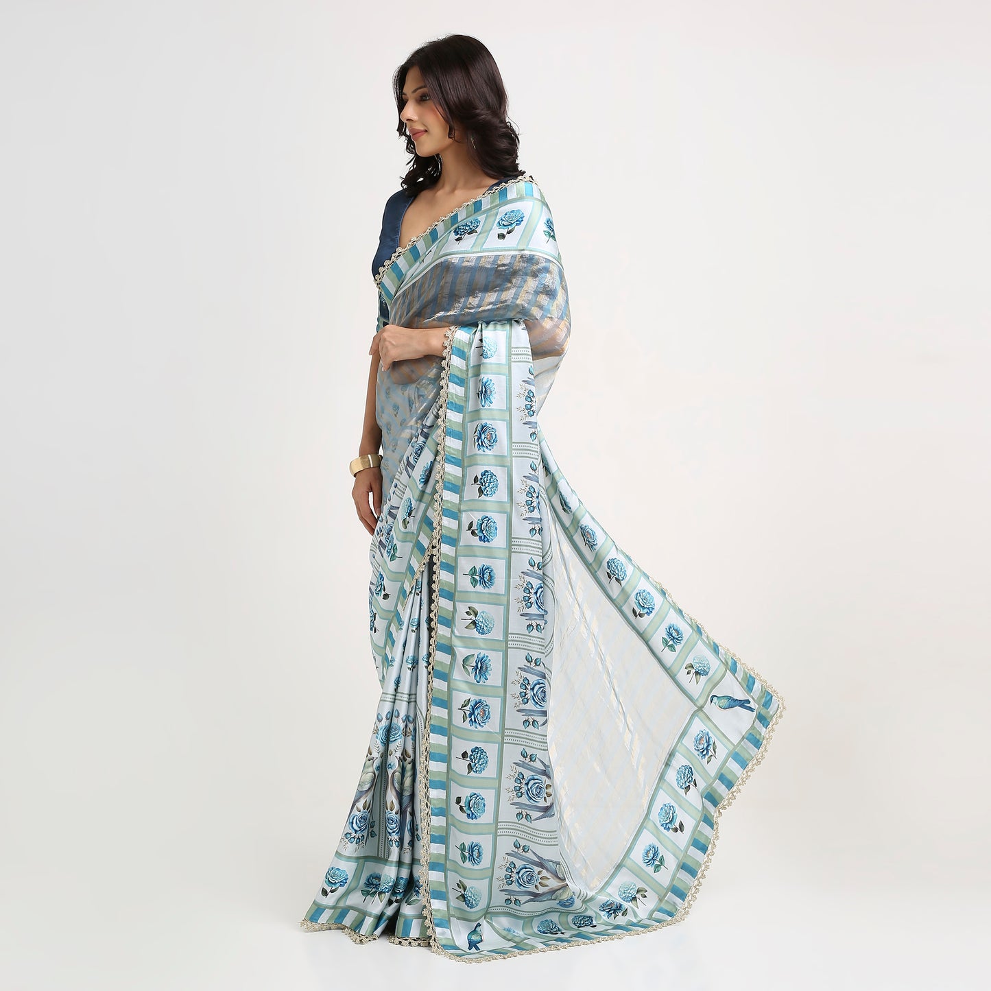 ‘Bloom Edit’ Porcelain Blue & Navy Silk Banarasi Tissue Painterly Saree