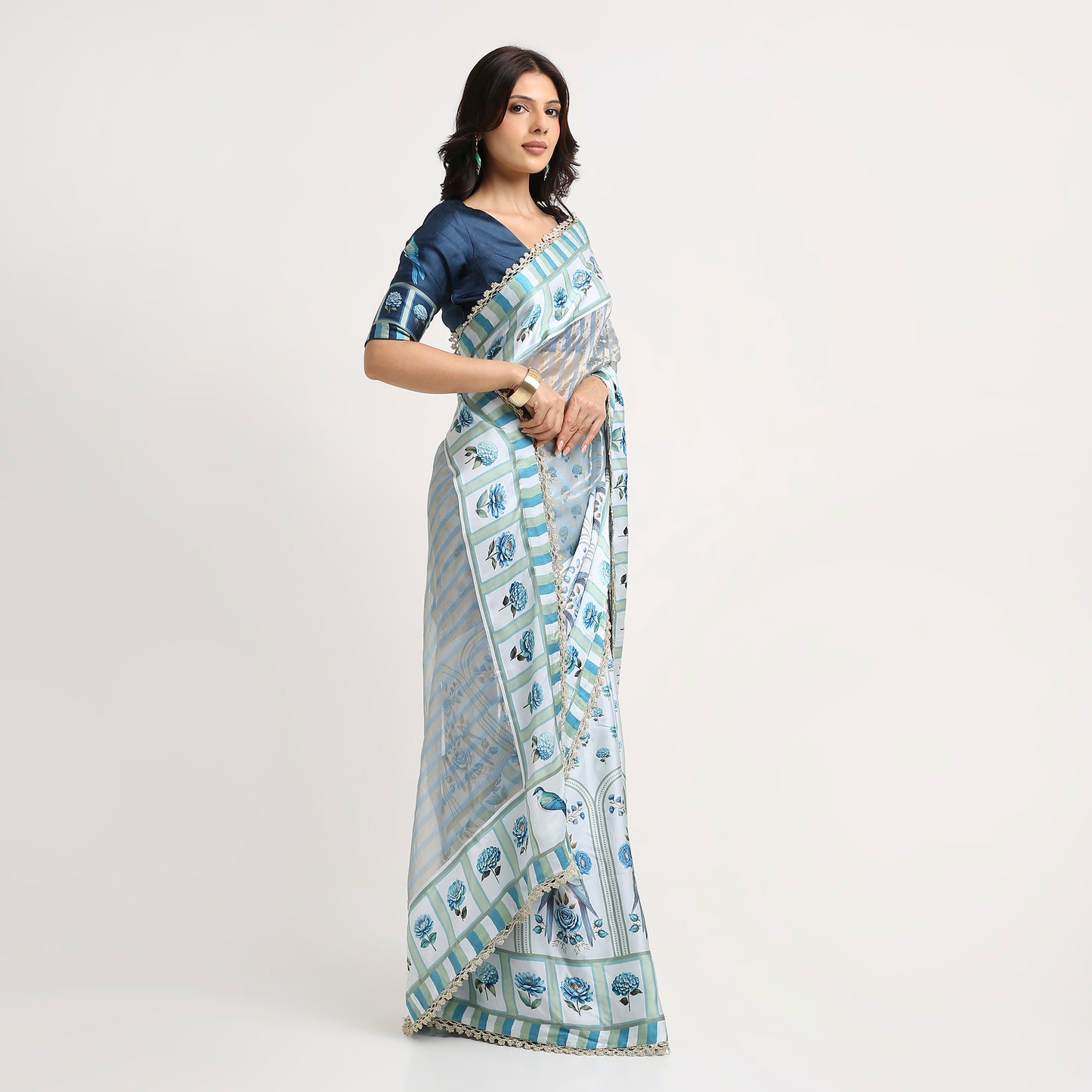 ‘Bloom Edit’ Porcelain Blue & Navy Silk Banarasi Tissue Painterly Saree