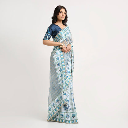 ‘Bloom Edit’ Porcelain Blue & Navy Silk Banarasi Tissue Painterly Saree