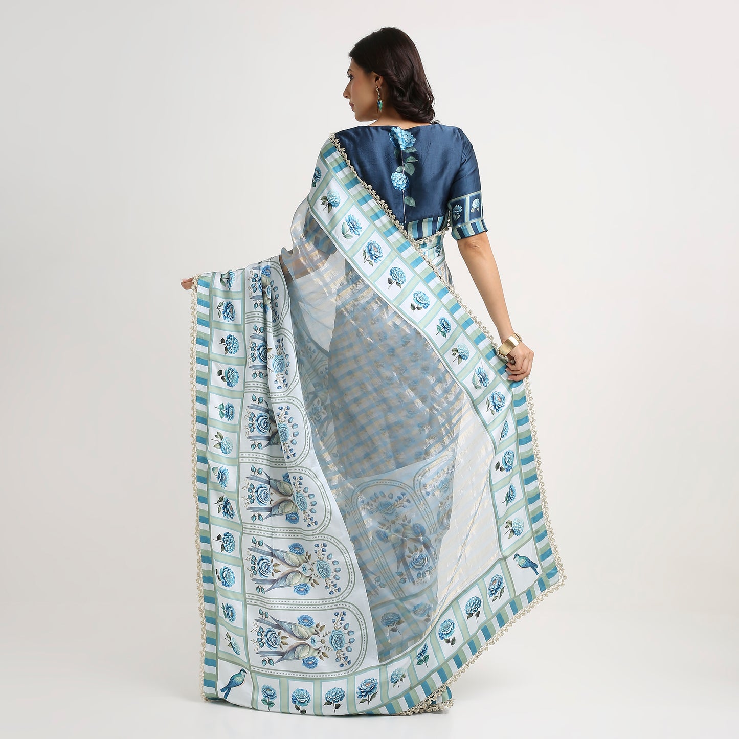 ‘Bloom Edit’ Porcelain Blue & Navy Silk Banarasi Tissue Painterly Saree