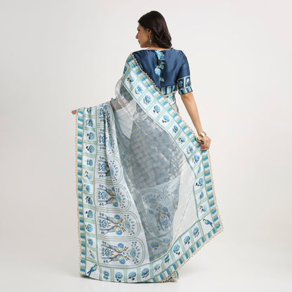 ‘Bloom Edit’ Porcelain Blue & Navy Silk Banarasi Tissue Painterly Saree