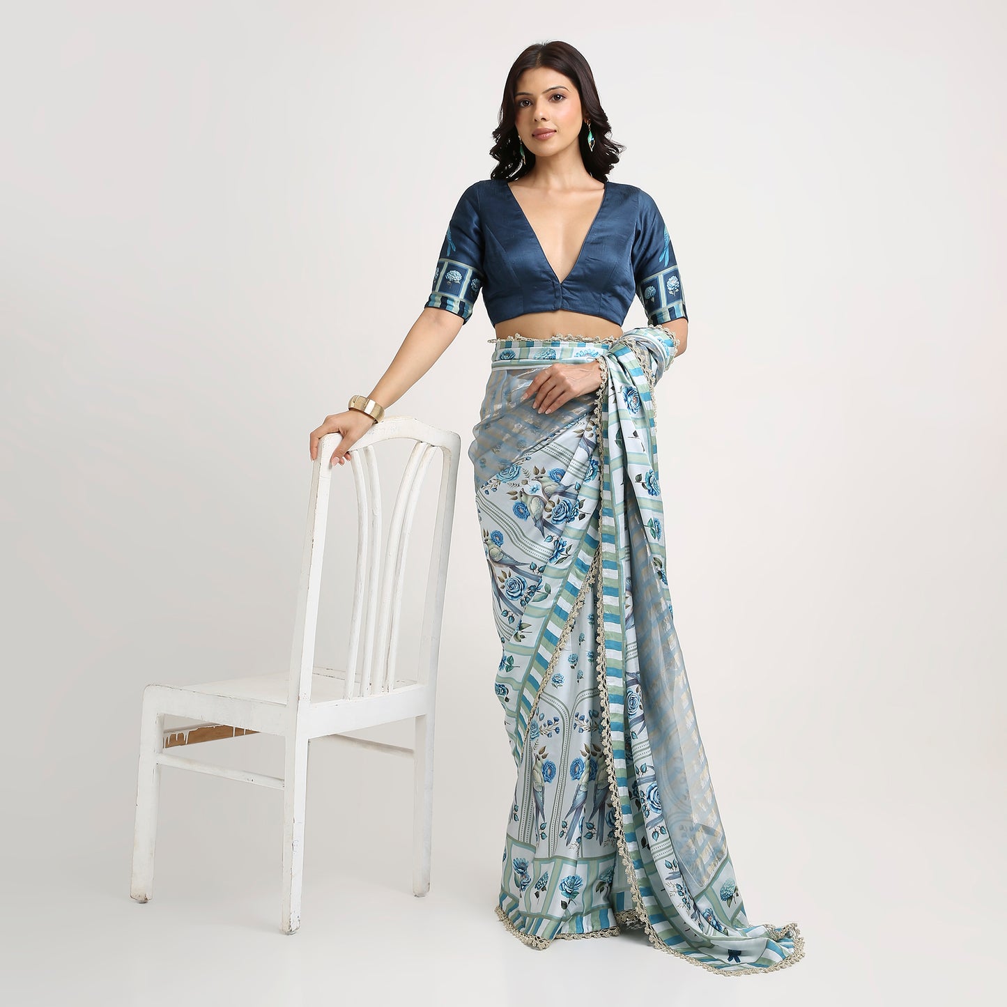 ‘Bloom Edit’ Porcelain Blue & Navy Silk Banarasi Tissue Painterly Saree