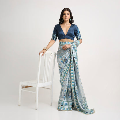 ‘Bloom Edit’ Porcelain Blue & Navy Silk Banarasi Tissue Painterly Saree