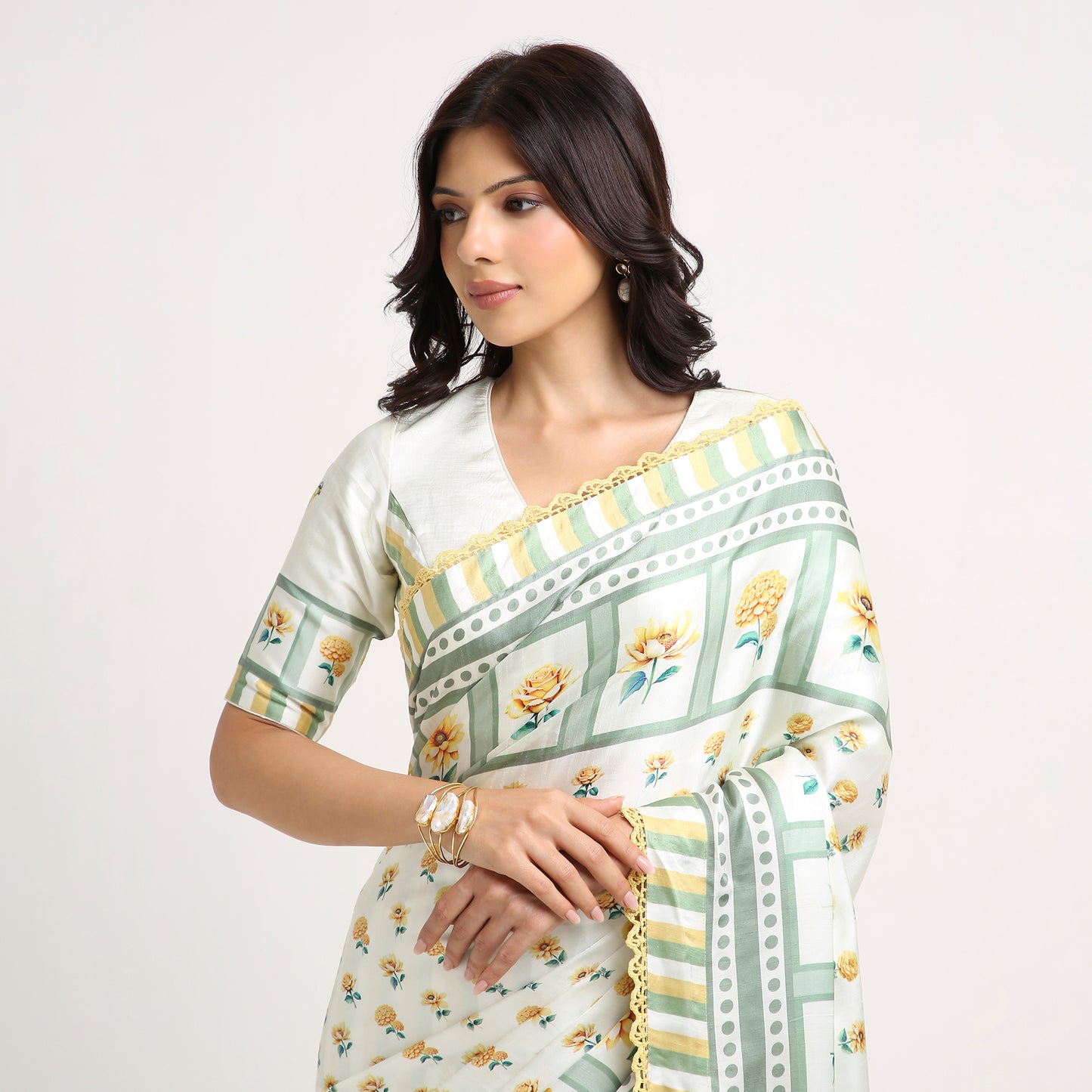‘Botanica Privée’ Sunlit Yellow & Sage Green Georgette Painterly Saree