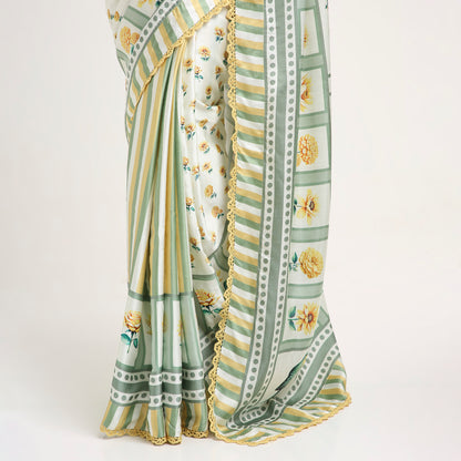 ‘Botanica Privée’ Sunlit Yellow & Sage Green Georgette Painterly Saree